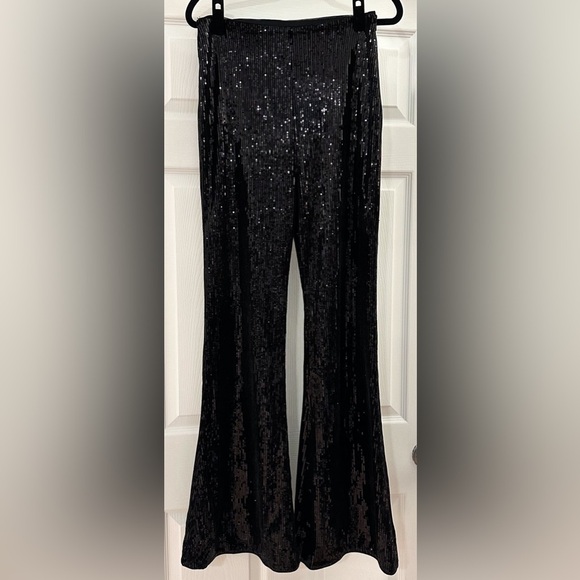 NBD x Marianna Hewitt Maeve Pant in Black high waist Sequin Flare sz Medium - Picture 7 of 11
